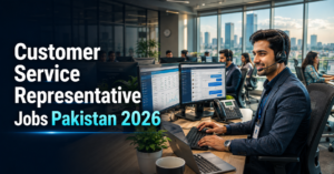Customer Service Representative assisting clients in a modern corporate office in Pakistan during 2026
