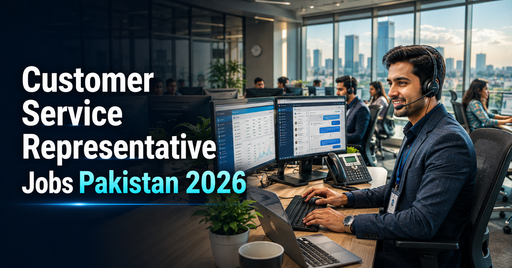Customer Service Representative assisting clients in a modern corporate office in Pakistan during 2026