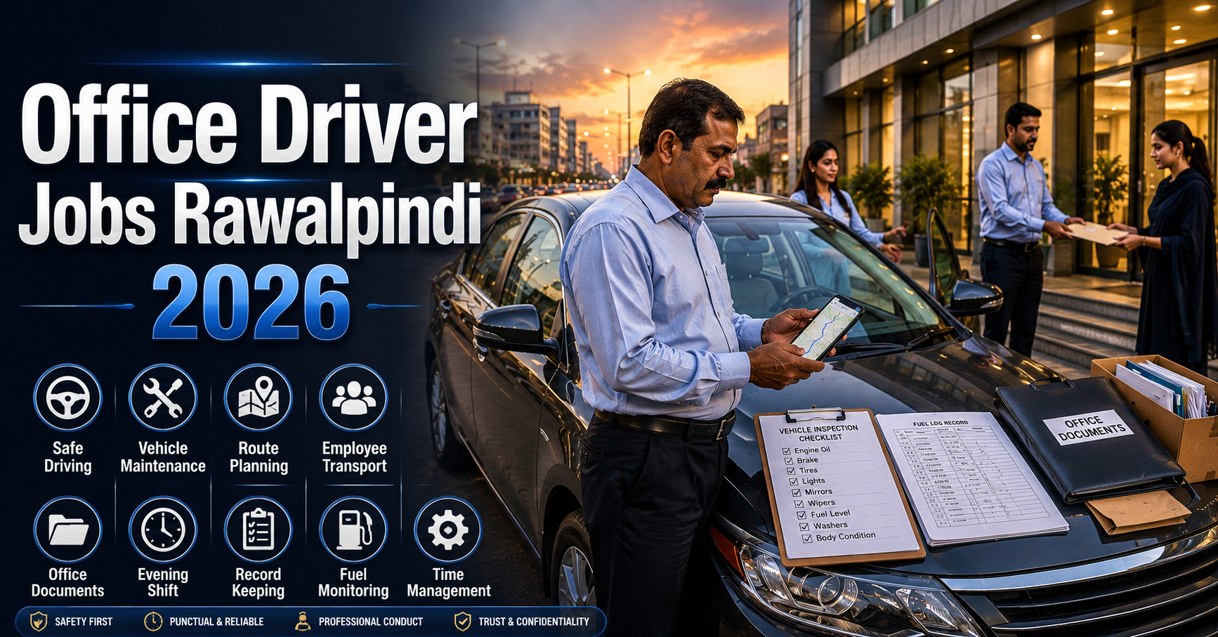 Office Driver Jobs Rawalpindi 2026 showing a professional office driver preparing a company vehicle for an evening shift